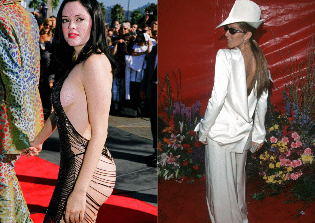 left: woman in daring black sheer dress on red carpet; right: woman in backless white suit and wide-brimmed hat posing near flowers
