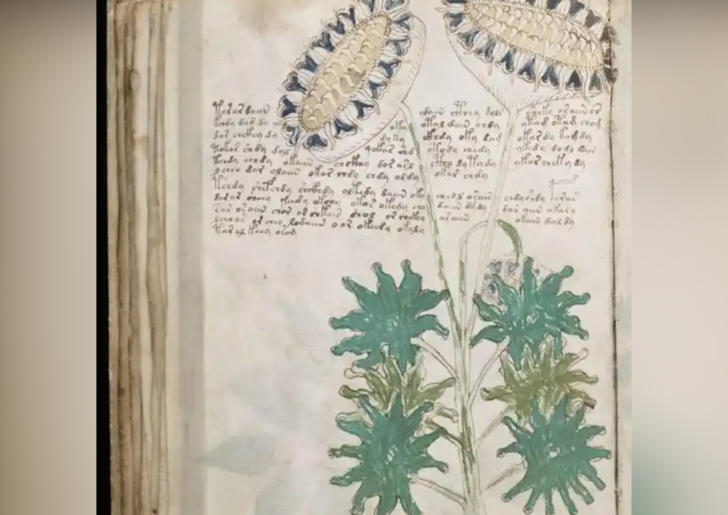 Illustrated page from the Voynich Manuscript with mysterious plants and unknown script