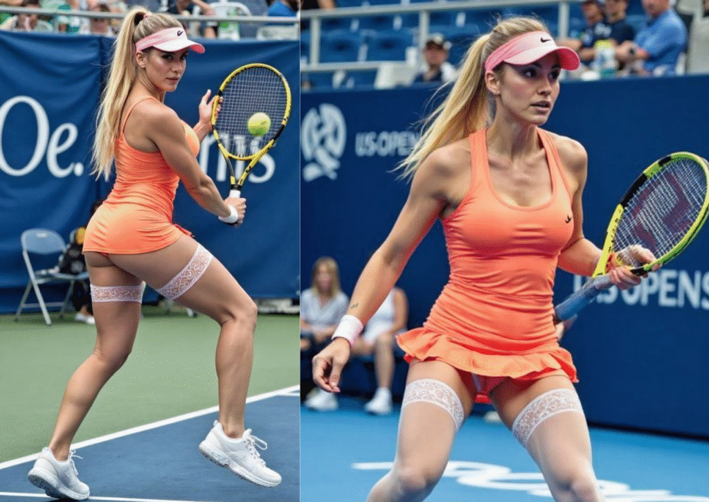 Female tennis player in orange outfit with thigh-high lace