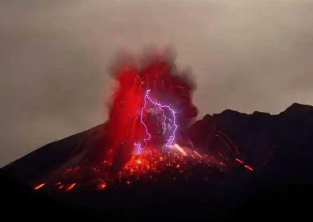 Exploding volcano with red lava and purple lightning bolts