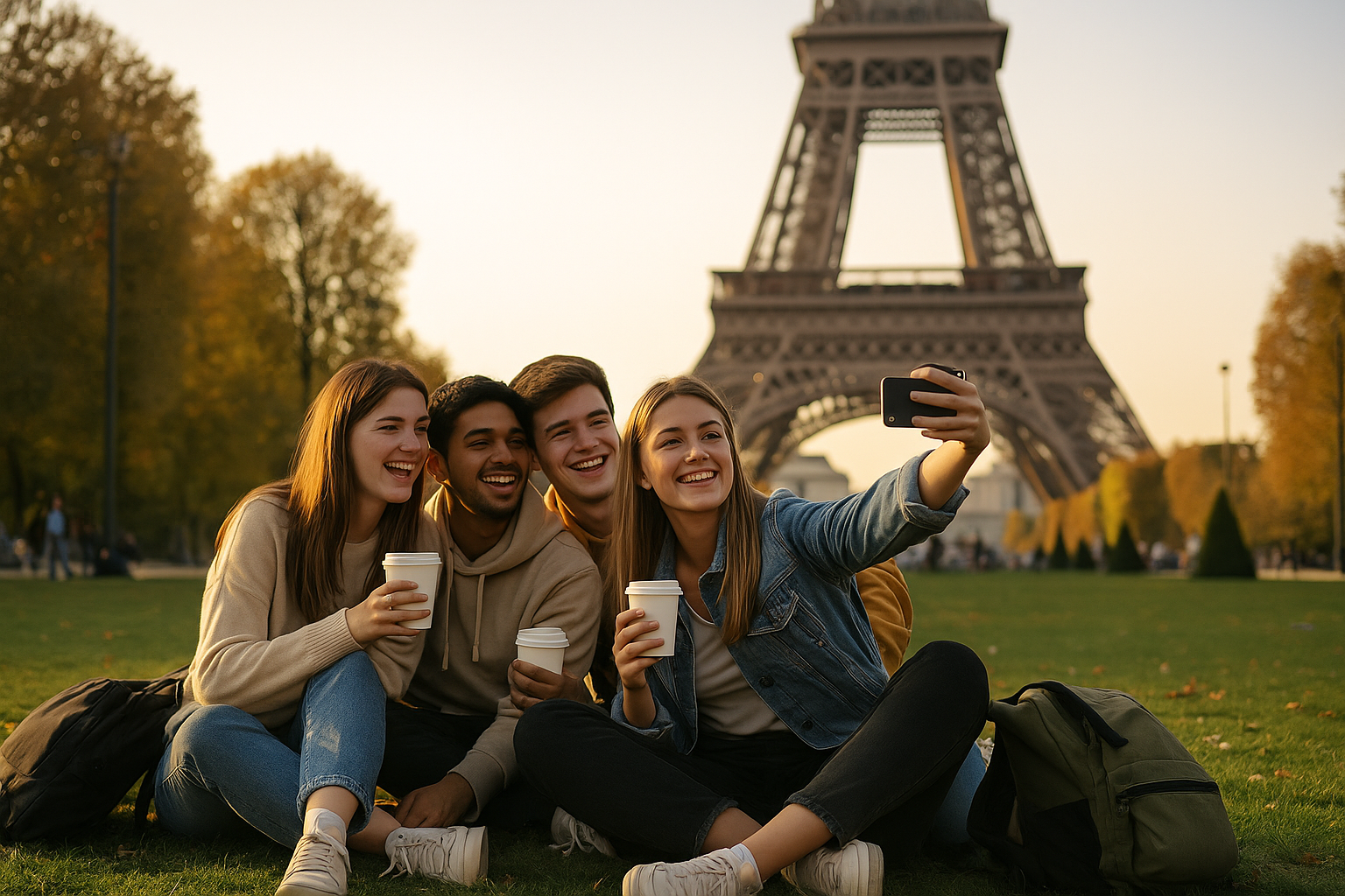 Gen Z travellers sitting on the grass at Champ de Mars with the Eiffel Tower in the background, enjoying affordable autumn travel in Paris 2025