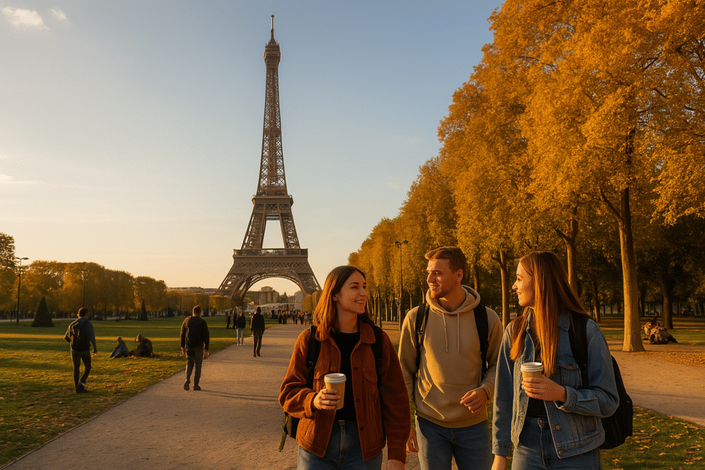 Wide-angle view of Paris in autumn 2025 with the Eiffel Tower, golden trees at Champ de Mars, and Gen Z travellers walking with backpacks and coffee cups