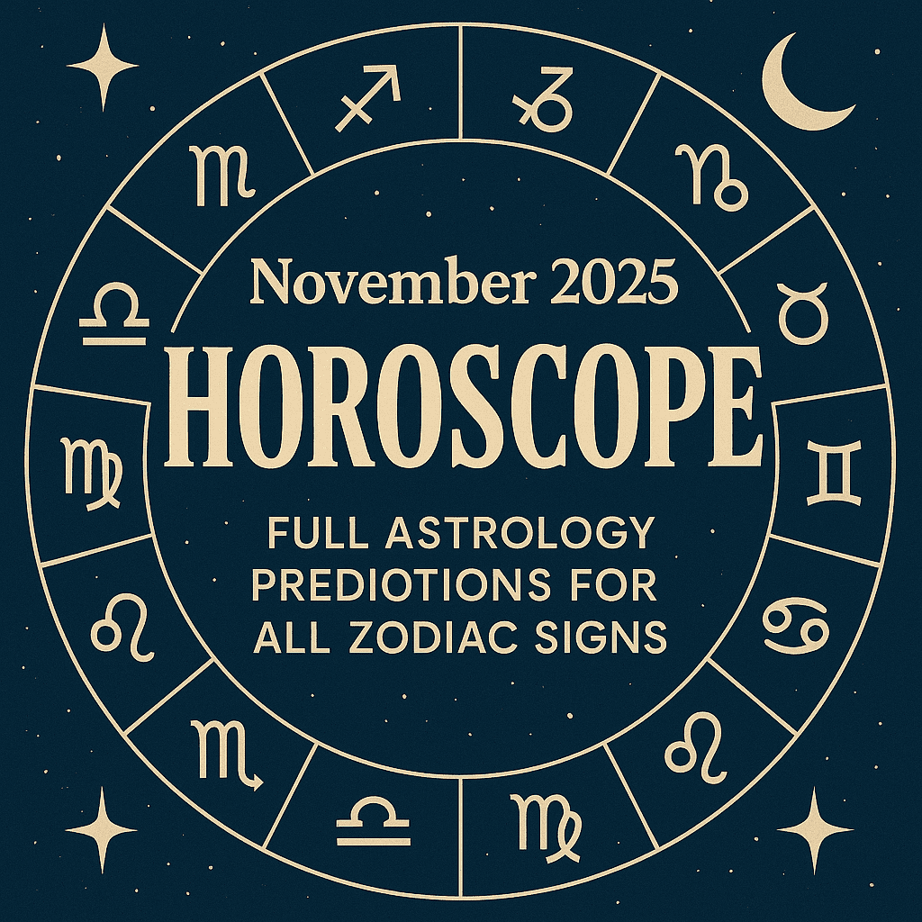 Zodiac wheel illustration with text November 2025 Horoscope and symbols of all zodiac signs on dark blue celestial background