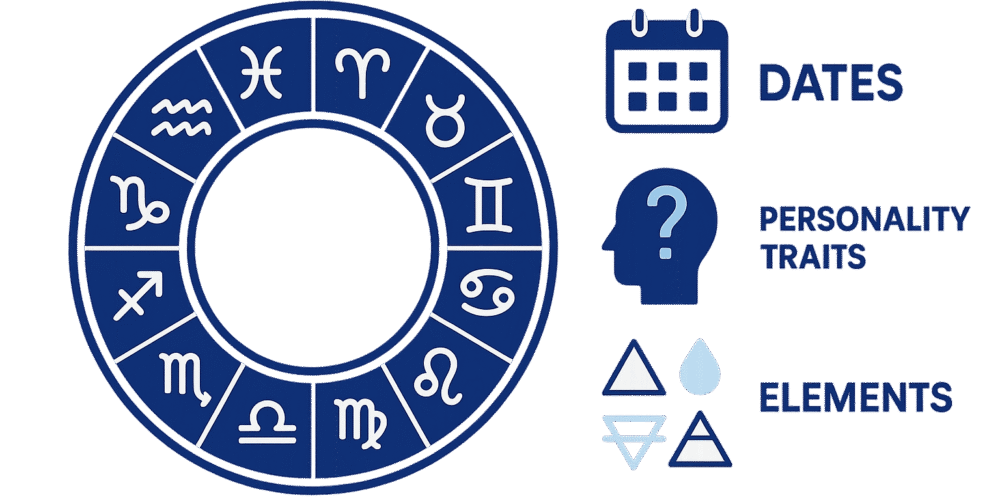 Zodiac signs wheel with symbols, birth dates, elements and personality traits explained