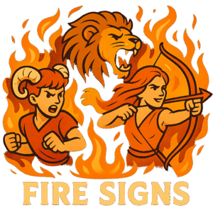Illustration of the Fire Zodiac Signs: Aries, Leo, Sagittarius surrounded by flames