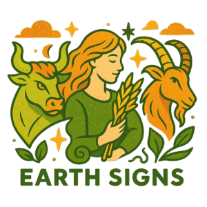 Earth zodiac signs illustration with Taurus, Virgo and Capricorn in green and gold elemental style 
