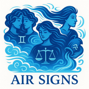 Air zodiac signs illustration with Gemini, Libra and Aquarius in blue wind-themed style