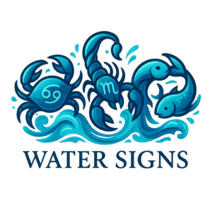 Water zodiac signs illustration with Cancer, Scorpio and Pisces surrounded by ocean waves 