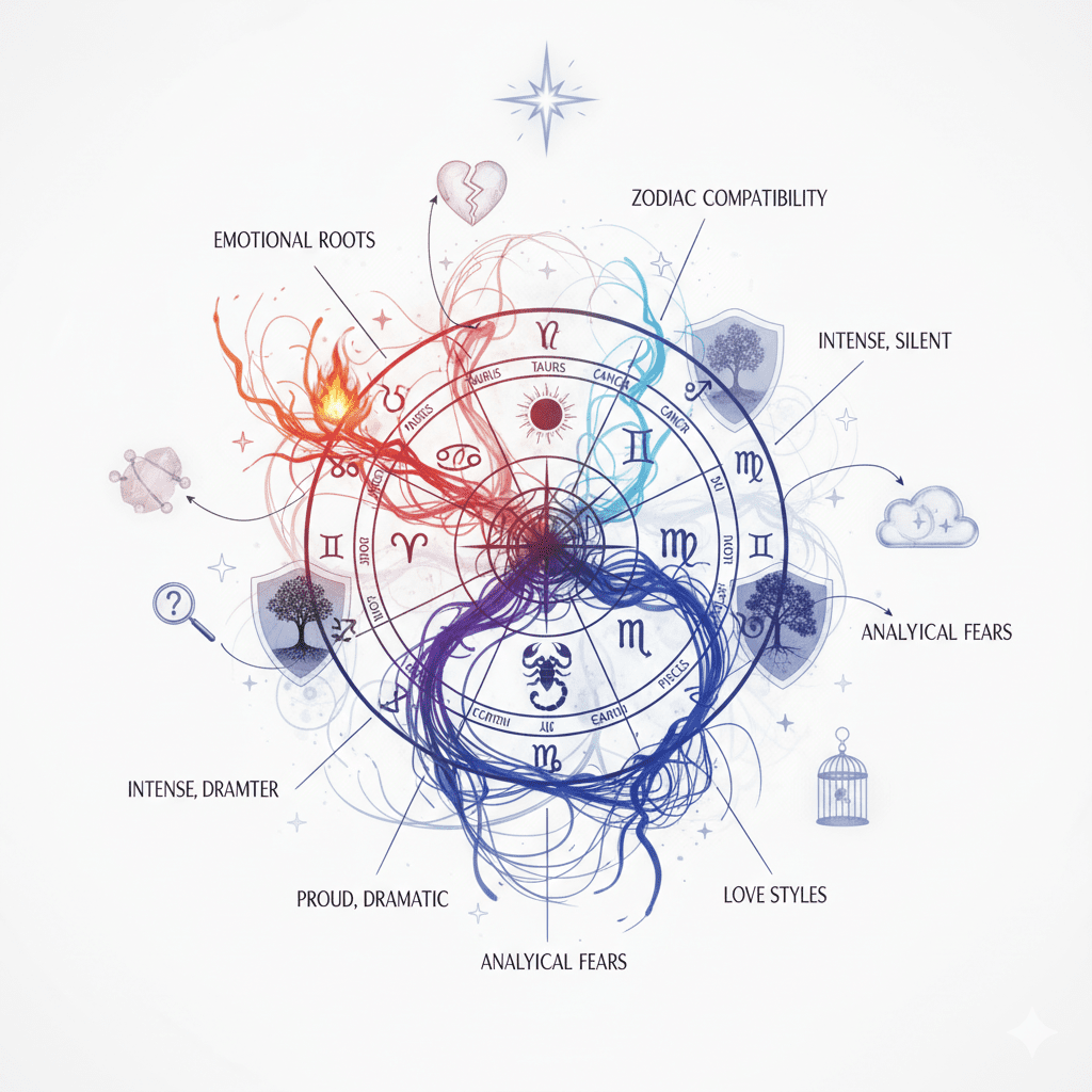 Emotional Roots of Jealousy in Zodiac Signs: An illustration showing the Zodiac wheel divided by fire (red, impulsivity) and water (blue, depth) elements, connecting each sign (Scorpio, Cancer, Leo, Taurus, Aries) to its unique manifestation of jealousy and emotional needs.