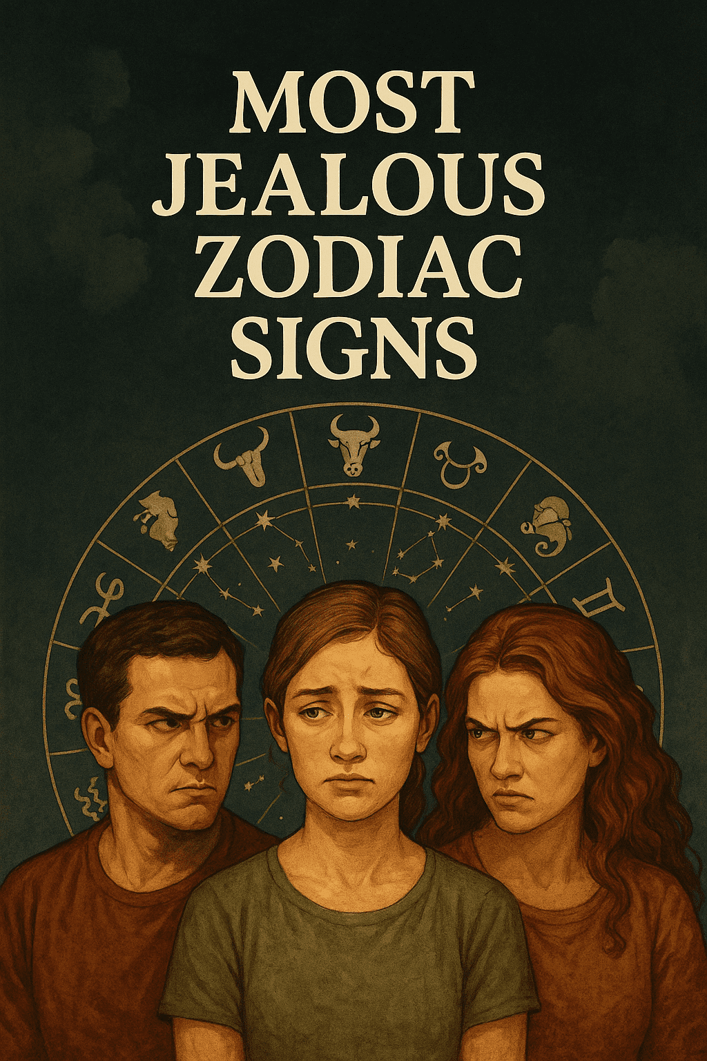 Astrology illustration showing the most jealous zodiac signs – emotional jealousy guide