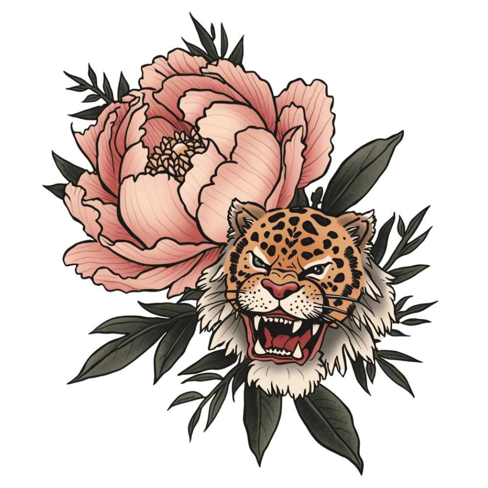 Peony with lion tattoo design
