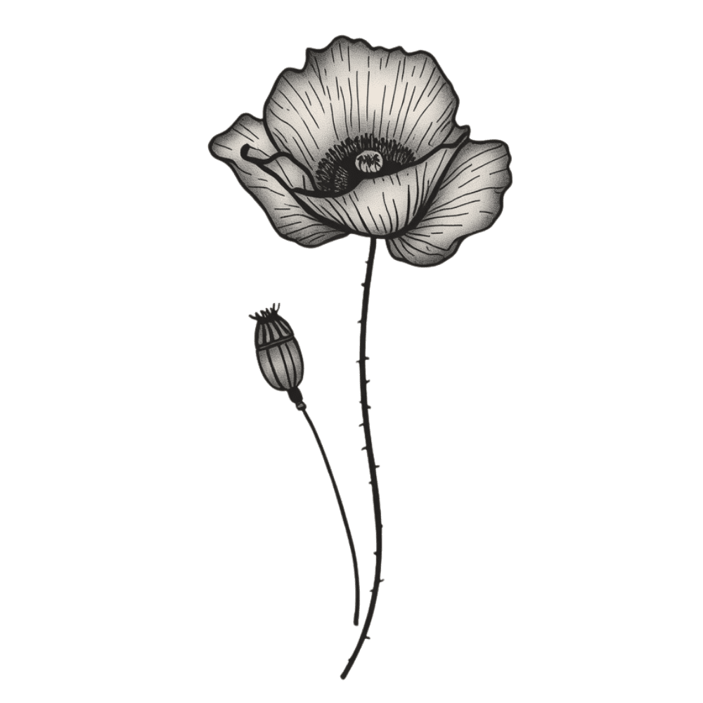 Black-and-grey poppy tattoo design