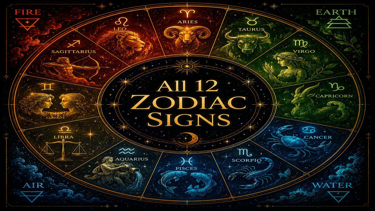 Complete guide to all 12 zodiac signs — dates, traits, elements